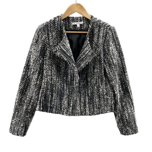cAbi Over the Moon Tweed Jacket Womens 8 Black‎ Gray Asymmetrical Zip Wool Blend - Picture 1 of 8